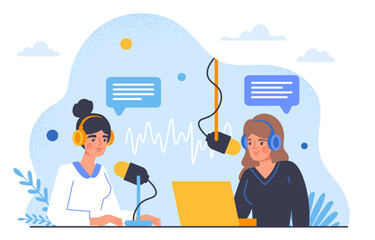People record podcast. Two women sitting with laprops near microphones. Radio hosts with equipment. Young girls create interesting content and audio files. Cartoon flat vector illustration