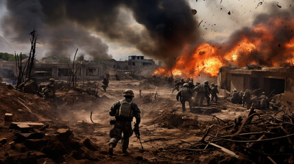 representation of a war with the city destroyed