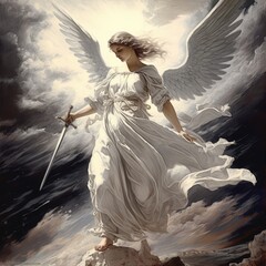 Angel with wings holding sword.