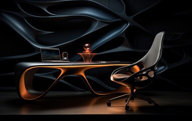 Fototapeta na wymiar The modern futuristic desk with laptop at the dark background.