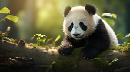 Cute panda with bamboo on tropical forest background. Animals wallpaper. Generative AI