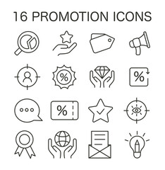 Promotion icons set. Collection of digital marketing and advertising symbols. Discount tags, engagement, target audience, and strategy tools. Flat vector illustration