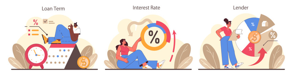 Refinance process set. Loan rate reduction to lender agreements. Debt obligation with better interest rate. Housing loan, real estate mortgage. Flat vector illustration
