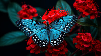 Wallpaper with beautiful blue butterfly on red flowers background. Generative AI