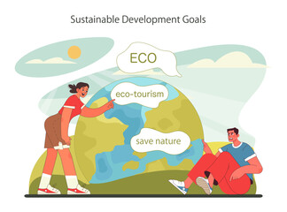 Sustainable tourism. Sustainable development goals. Ecotourism, eco-friendly recreation. Responsible, low-impact and green travel in local community. Flat vector illustration