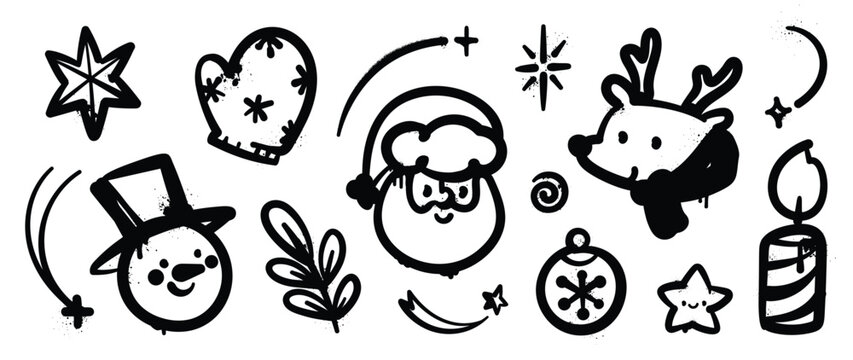 Set Of Christmas Elements. Snow Spray Paint Vector. Graffiti, Grunge Elements Of Winter Glove, Sock, Tree, Present, Star And Cute Doodle. Design Illustration For Decoration, Card, Sticker, Wall Decor.