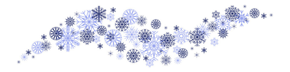 A wave of dark blue and light blue snowflakes on a white background. Vector
