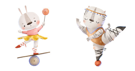 Circus show. Funny acrobats rabbit and zebra performer. Cute funny childish clipart on white background