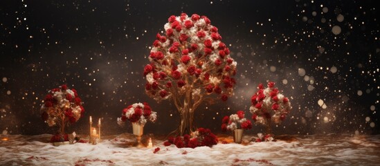 The vintage background at the wedding was adorned with a Christmas tree surrounded by red roses while the light texture and confetti added a touch of retro magic as the couple celebrated th - obrazy, fototapety, plakaty
