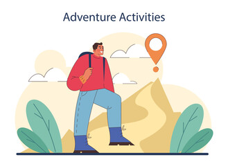 Tourism. People traveling the world seeing attractions and cultural heritage. Traveler booking a hotel and packing a baggage. Active lifestyle. Flat vector illustration