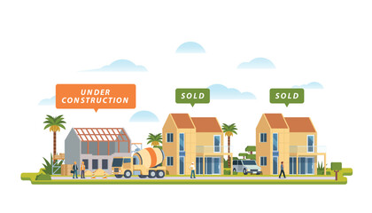 Real estate residential property market business concept with houses. Vector illustration. - obrazy, fototapety, plakaty