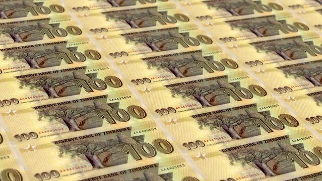 Zimbabwe Zimbabwean Dollar 100 Banknotes Money Printing House, Printing One Hundred Zimbabwean Dollar, Printing Press Machine Print out Zimbabwean, Being printed by currency press machine 100