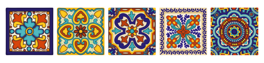 Talavera tiles. Mexican decorative art. Vector set isolated on white background. © Nastasja