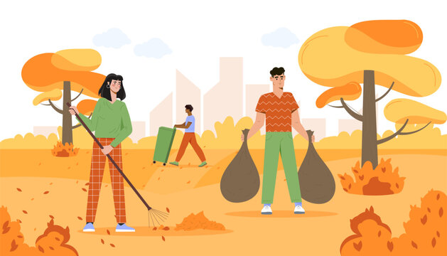 People with seasonal cleaning concept. Man and woman with black bags and rakes. Fall autumn season. Citizens in urban park. Care about ecology and nature. Cartoon flat vector illustration