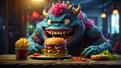 A funny monster eating burger and fries.