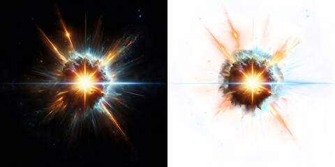 A photorealistic sci-fi supernova explosion with a radiant central flare, sharply contrasting against a black and alpha transparent background