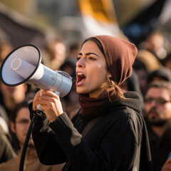 An Israeli woman with a megaphone at a demonstration