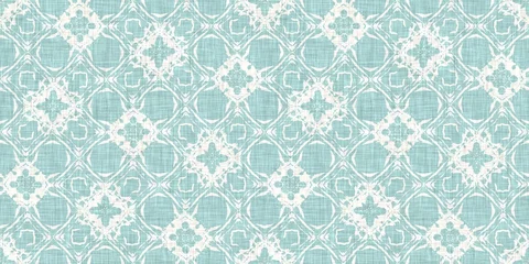 Aqua teal blue white vibrant watercolor batik azulejos tile border banner background. Seamless coastal blur linen effect geometric mosaic effect.Boho Patchwork nautical masculine summer ribbon trim. 
