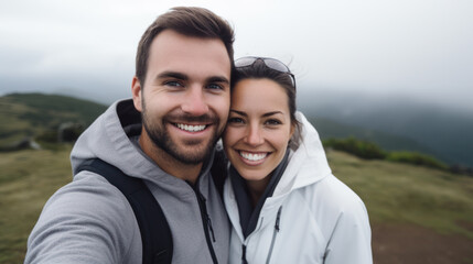Mountain Top Selfie: Adventurous Couple on on outdoor hike in Nature