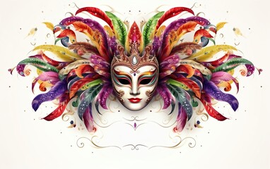 Happy Mardi Gras poster. A banner template with a Venetian masquerade mask and gold patterns in the center isolated on white background. Costume party style face covering for carnivals. AI Generative