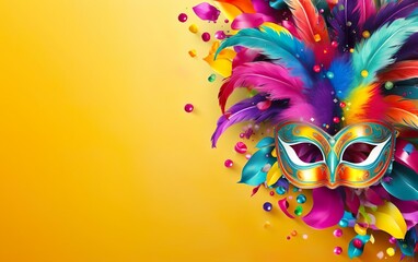 Happy Mardi Gras poster. Banner template with Venetian masquerade mask, confetti and feathers isolated on warm yellow background, copy space. Costume party flyer for carnivals. AI Generative - obrazy, fototapety, plakaty