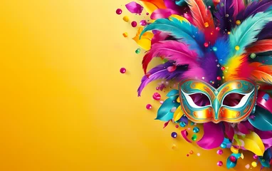 Poster Happy Mardi Gras poster. Banner template with Venetian masquerade mask, confetti and feathers isolated on warm yellow background, copy space. Costume party flyer for carnivals. AI Generative © your_inspiration