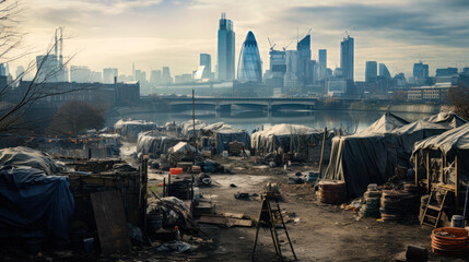 refugee camp shelter for homeless in front of London City Skyline