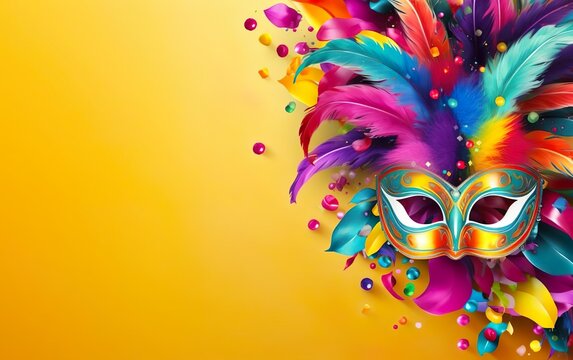 Happy Mardi Gras poster. Banner template with Venetian masquerade mask, confetti and feathers isolated on warm yellow background, copy space. Costume party flyer for carnivals. AI Generative