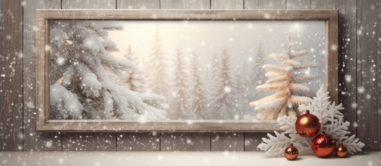 The vintage wooden frame on the table showcased an abstract Christmas design depicting a beautiful winter scene with a snowy tree against a textured background blending nature and space in 
