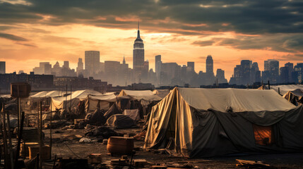 refugee camp shelter for homeless in front of New York City Skyline - obrazy, fototapety, plakaty