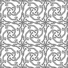 Black lines on white background.
Wallpaper with figures from lines. Abstract geometric black and white pattern for web page, textures, card, poster, fabric, textile. Monochrome design. 