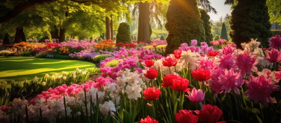 Fototapeta na wymiar The vibrant colors of the floral garden against the green backdrop of nature create a breathtaking summer landscape showcasing the beauty of spring with blooming flowers in shades of red an