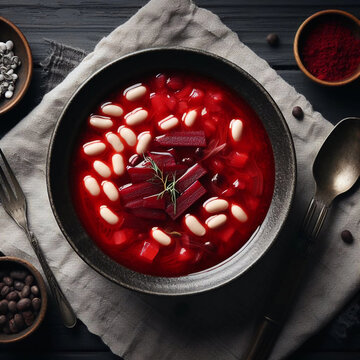 Bowl of ukrainian beetroot soup Borscht served with sour cream and rye bread, table top view. Generative AI.