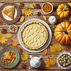 Abstract all sides dishes, pumpkin pie, fall leaves and seasonal autumnal decor on wooden background on digital art concept, Generative AI.