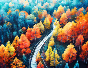 Abstract colorful above drone view of path in the middle of picturesque autumn forest on digital art concept, Generative AI.