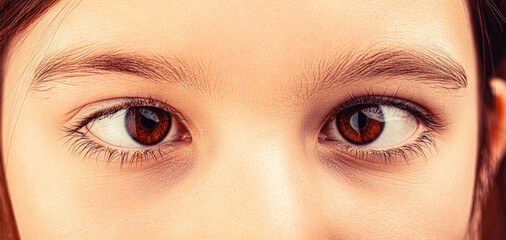 Strabismus. Little patient strabismus, treatment ophthalmic diseases. Strabismus in children causes, treatment concept. Female eyes with strabismus. Hypertropia - obrazy, fototapety, plakaty