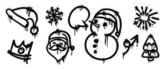 Set of Christmas elements. Snow spray paint vector. Graffiti, grunge elements of winter glove, sock, tree, present, star and cute doodle. Design illustration for decoration, card, sticker, wall decor.