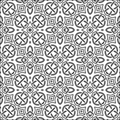 Black lines on white background.
Wallpaper with figures from lines. Abstract geometric black and white pattern for web page, textures, card, poster, fabric, textile. Monochrome design. 