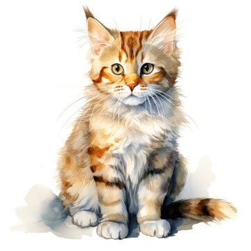 Watercolor Painting of a Fluffy Maine Coon Cat