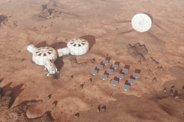 Colonization of Mars, Martian surface and human base, building a colony on Mars. Conquering new horizons in space, thermoforming of Mars. 3D image, 3D illustration © Aliaksandr Marko
