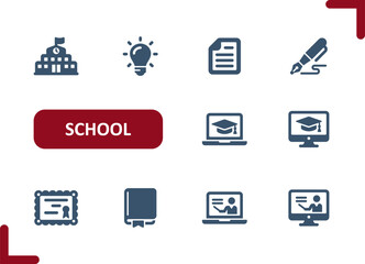 School Icons. Education, Online Course, Learning, Test, Pencil, Diploma, Tutorial, Writing Icon