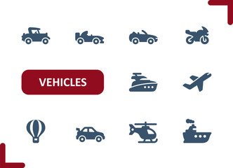 Vehicles Icons. Vehicle, Car, Race Car, Motorcycle, Yacht, Plane, Balloon, Helicopter, Ship Icon