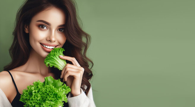 Young woman with fresh lettuce on color background. Generative AI.