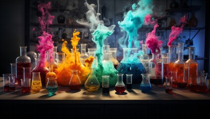A Table of Chemistry Flasks Filled with Colourful Bubbling Liquids. A Spectrum of Colors in a Row of Test Tubes. A Rainbow of Colourful Chemical Solutions in Glass Flasks - obrazy, fototapety, plakaty