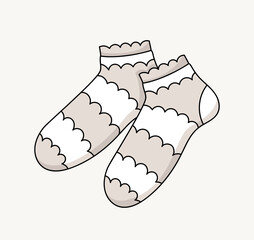 Sketch of socks concept. Minimalistic creativity and art. Fashion and style. Trendy clothes for cold weather. Woolen and warm wear. Linear flat vector illustration isolated on grey background