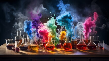 A Table of Chemistry Flasks Filled with Colourful Bubbling Liquids. A Spectrum of Colors in a Row of Test Tubes. A Rainbow of Colourful Chemical Solutions in Glass Flasks
