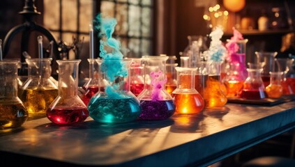 Obraz na płótnie Canvas A Table of Chemistry Flasks Filled with Colourful Bubbling Liquids. A Spectrum of Colors in a Row of Test Tubes. A Rainbow of Colourful Chemical Solutions in Glass Flasks