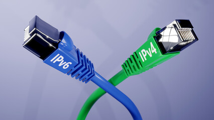 3d render of two RJ-45 connectors and cables.  One labeled IPv6 and the other labeled IPv4.