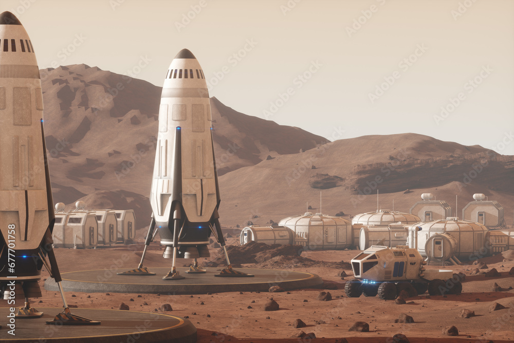Wall mural space rocket on the surface of mars. colonization of mars, martian surface and base, building a colo