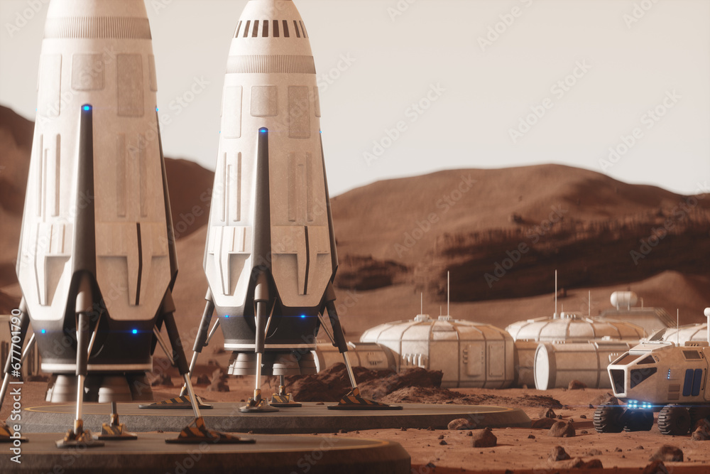 Wall mural space rocket on the surface of mars. colonization of mars, martian surface and base, building a colo